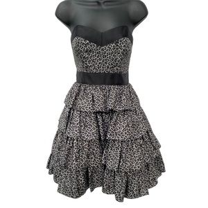 Betsy Johnson Leopard Cheetah Print Tiered Silk Strapless Cocktail Dress Size 4